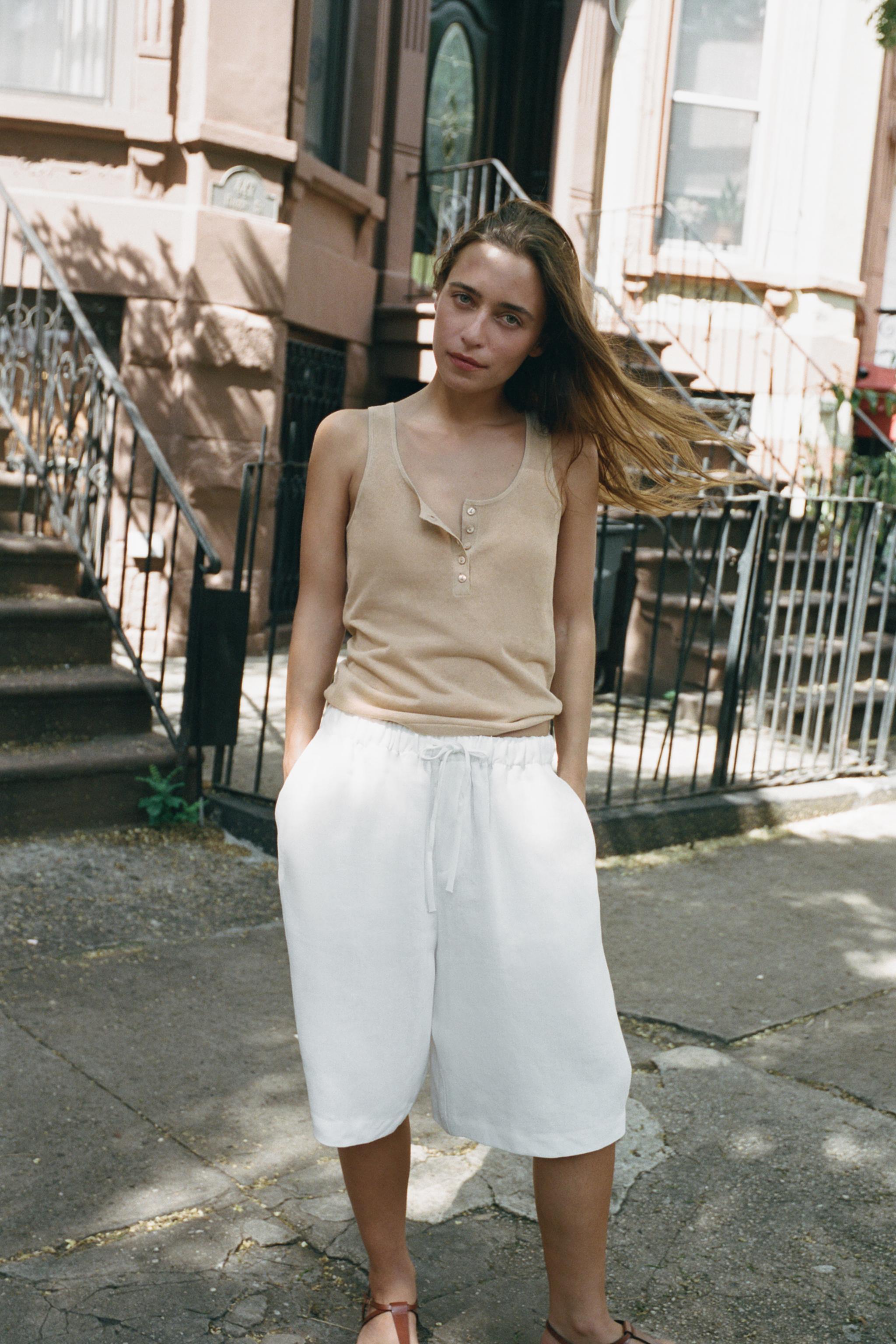 LINEN DRAWSTRING BERMUDA SHORTS